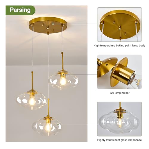 Image of 3-Light Gold Chandelier Modern Kitchen Island Pendant Light with Clear Glass Globe Shades Adjustable Height Flush Mount Ceiling Light Fixture for Dining Room Bedroom Living Room.