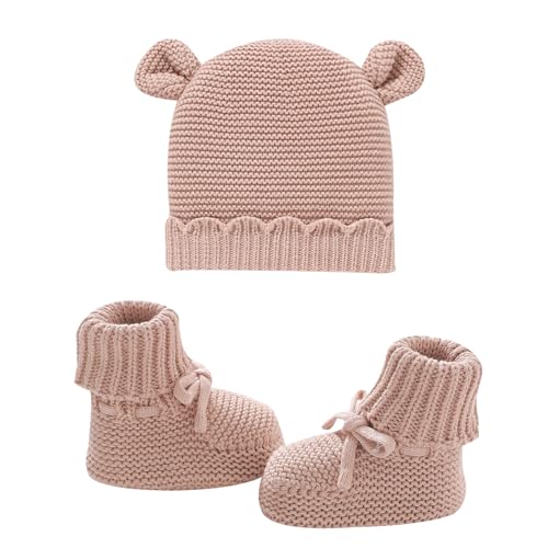 Hadetoto Cotton Baby Beanie and Booties Set Newborn Knit Sock Shoes Warm Winter Hat Cap for Infant Boy Girl (US, Age, 0 Months, 3 Months, Pink)