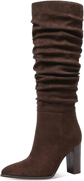 Erocalli Knee High Boots Women Fall Chunky Block High Heel Slouch Fashion Boot Pointed Toe Side Zipper Tall Long