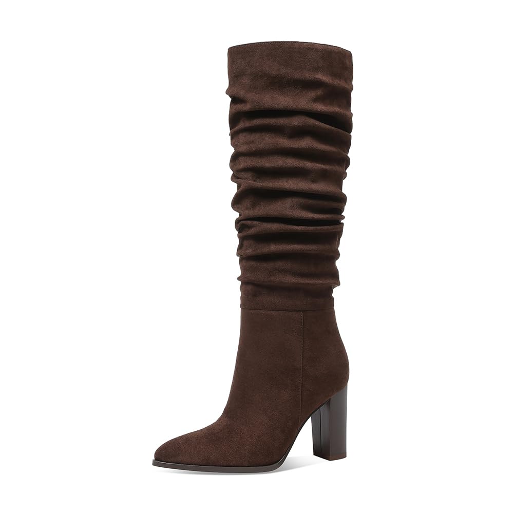 Erocalli Boots for Women 2025 Fall Winter Tall Long Knee-High Brown Chocolate Faux Suede Slouchy Pointed Toe Chunky