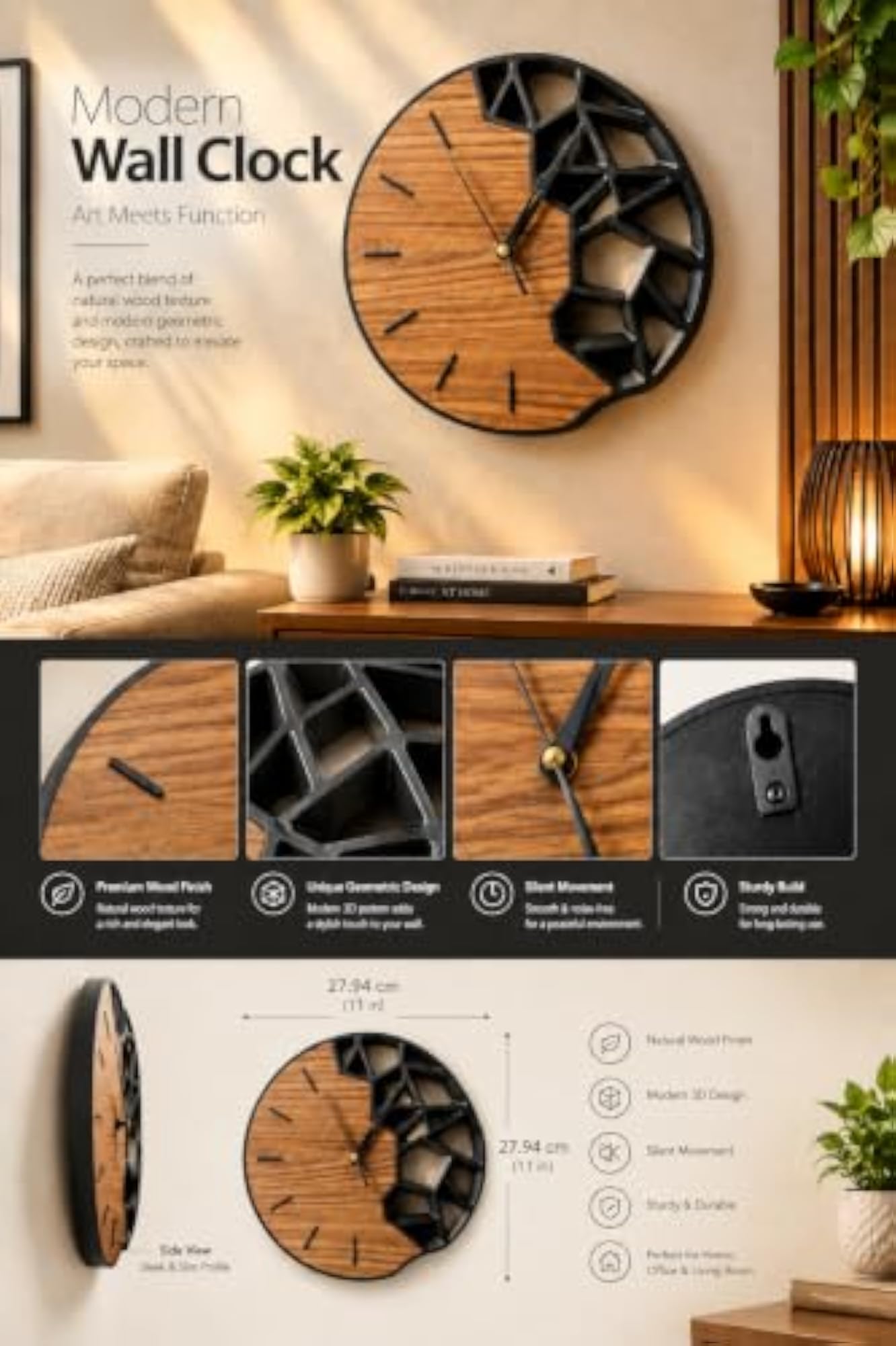 Modern Wall Clock, 3D Printed Geometric Decor for Living Room