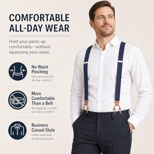 Image of Men's Heavy Duty Y-Back Suspenders, 6 Strong Metal Clips Adjustable Elastic Straps for Work, Tuxedos, and Daily Wear
