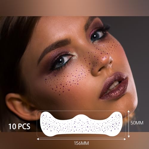 Image of Glitter Freckles, 24PCS Glitter Freckles Face Tattoo, Sparkle Freckles for Women, Waterproof Gold Temporary Face Tattoos Glitter Glow Up Patches Makeup Patches Festival (Purple 10pcs)