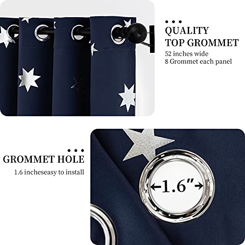 Anjee Navy Blue Star Print Blackout Curtains 63 Inch For Kids Room (2 Panels), Thick Thermal Insulated Window Drapes, Each Panel W52 X L63 In #TOP1