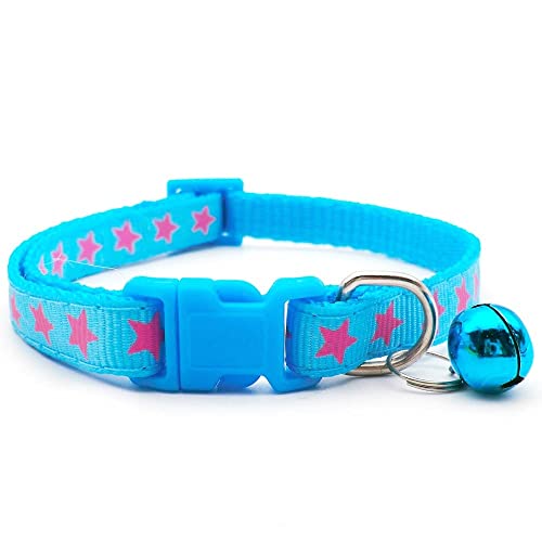 Small Dog Puppy Pet Collar Star Design with Bell Nylon Adjustable Size 19-32cm Blue - Image 2