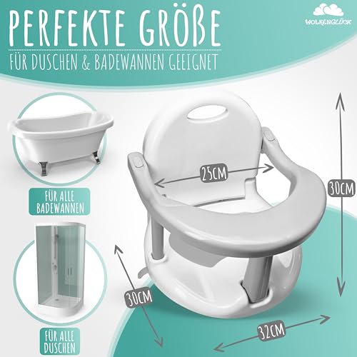 WOLKENGLÜCK® Badewannensitz Baby ab 6 Monate - ergonomischer Anti-Rutsch-Badesitz mit starken Saugnäpfen für Dusche oder Badewanne [belastbar bis 20 kg]
