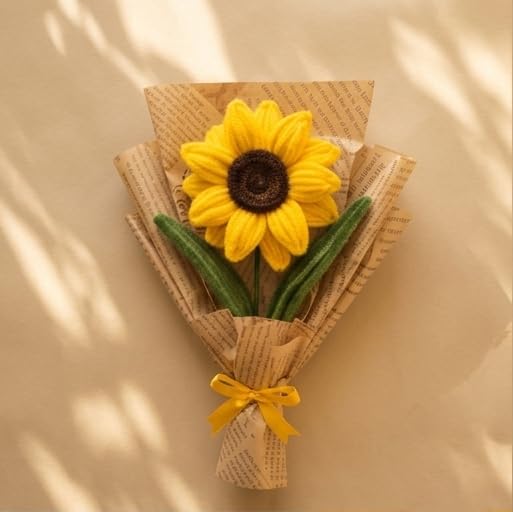 Handmade Crochet Sunflower Bouquet, White Wrapping, Red Bow-image-22