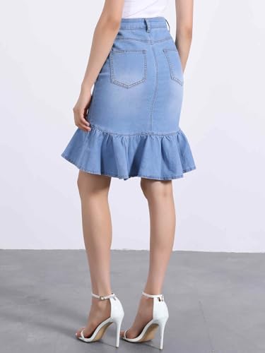Allegra K Denim Skirt for Women's Bodycon Fishtails Ruffled Knee Length Jean Skirt3