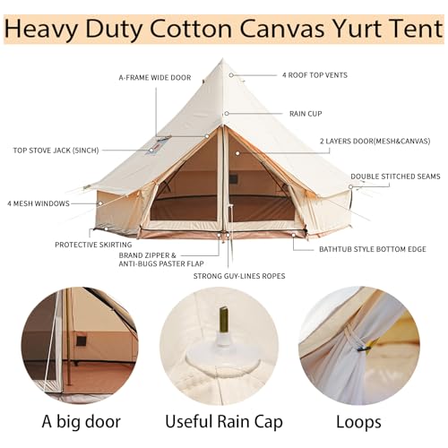 Glamcamp Bell Tent,4 Seasons Breathable Cotton Canvas Yurt Tent - w/Stove Jack,Luxury Camping Tent Outdoor,Zipped Removable Floor Water Repellent, 13.1ft(4M) - Image 2