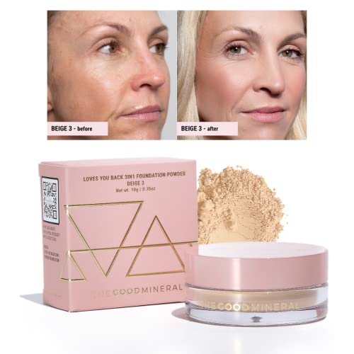 The Good Mineral Loves-You-Back 3In1 Mineral Powder Foundation (Beige 3) | Designed For Acne-Prone, Sensitive Skin | Evens Out Skin Tone As A 3In1 - Concealer, Foundation + Powder | Natural Coverage For All Ages And Skin Types | Non Caking, Non Drying | Vegan + Cruelty Free #TOP7