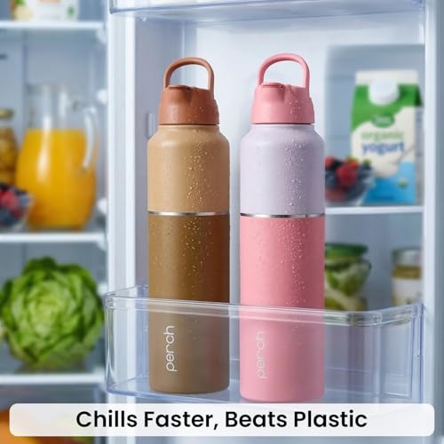 Image of Perch Magic ISI Certified Stainless Steel Water Bottle 1 Ltr | Fridge Bottle with Sipper Cap & Straw | Single Wall | BPA Free | Lightweight | For Home, Office, Gym, Travelling Set of 2 (Brown & Pink)