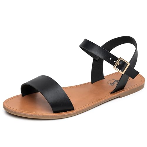 Trary Black Sandals for Women Dressy Casual Summer Open Toe Flat Sandal Adjustable Ankle Strap Metal Buckle Lightweight Sandals