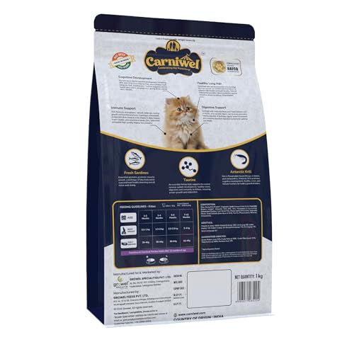 Image of Carniwel Persian Kitten Dry Cat Food with Antarctic Krill | 3X Healthy Skin & Coat | Easy Digestion & Hairball Reduction, 1Kg