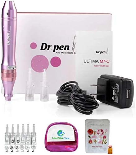Med SPA Care Microneedling Pen Dermapen Tattoo Machine Derma Pen Micro needling Skincare Device Dr.Pen Permanent Makeup Pen - w/ 10 Replace Microneedle Cartridges (M7 Pink, Rechargeable)