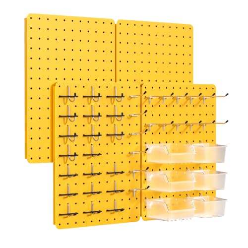 Pegboard Organizer Kit,4 Pack 14.76x10.82 in Metal Panels with 6 Bin,Yellow | 6 clear bins sort small parts; 36 hooks and 30 peg locks keep garage tools organized; contains at least 50% recycled material