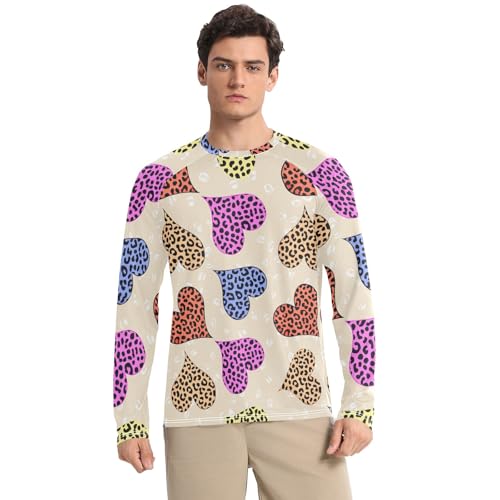 Colorful Leopard Hearts Beige Sun Shirts UPF 50+ UV Protection Quick Dry Mens Rash Guard Long Sleeve Beach T-Shirts, Small