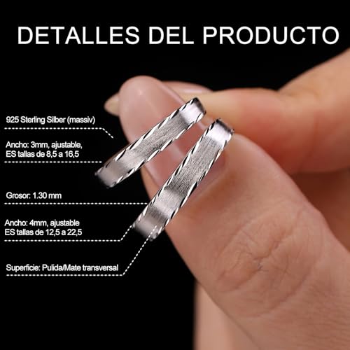 Meissa Alianzas de Plata Pareja Anillos de Boda Compromiso promesa Ajustables para Hombres y Mujeres y Unisex 3,2mm & 4mm Plata de Ley 925 Juego Nupcial Regalo (Juego de dos anillos) - imagen 3