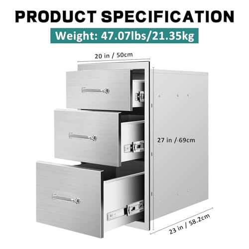 Image of Outdoor Kitchen Drawers 20 inch W x 27 inch H x 23 inch D Stainless Steel Drawer BBQ Triple Drawers with Chrome Handle for Outdoor Kitchen Island, Patio Grill Station
