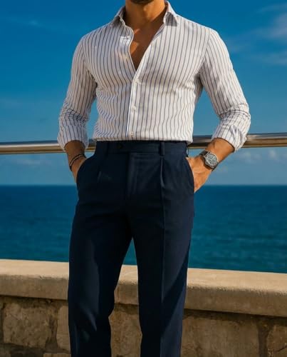 Image of IndoPrimo Men's Striped Shirt | Premium Slim Fit Full Sleeve Formal Casual Shirt | Button-Down Cotton Shirt for Office