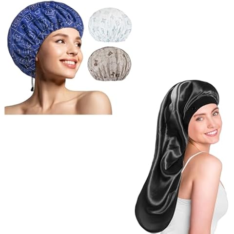 3 Pcs Waterproof & Adjustable Shower Caps for Women, 1 Pcs Comfortable & Adjustable Sleeping Silk Satin Bonnet for Long Hair Cover