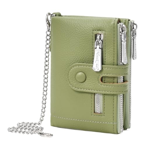 Small Women's Wallet Bifold Card Holder with 2 Zipper Coin Pockets Chain Wallet for Women Soft Leather