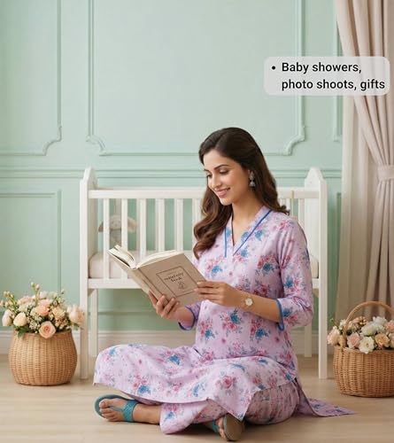 Image of DUMMY SHAPE Maternity Dresses for Women Cotton | Floral Kurta Pant Dupatta Set with Nursing Zippers, Side Pocket | Pre & Post Pregnancy | Feeding Kurti Suit | Baby Shower | Gifts for Pregnant Woman
