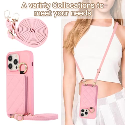 Étui Cuir iPhone 17 Pro Max Portefeuille Rose - Coque Cordon Collier Réglable Miroir - 6