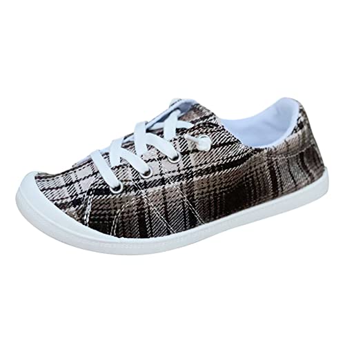 Dhenli Women Plaid Print Loafers Lace Up Canvas Shoes Fashion Sneaker Breathable Walking Shoes Flat Shoes Autumn #TOP2