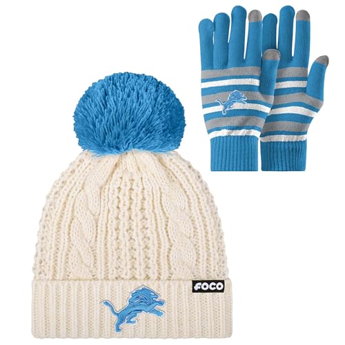 FOCO Detroit Lions NFL Stretch Gloves & Primary Logo White Cable Knit Pom Beanie - Bundle