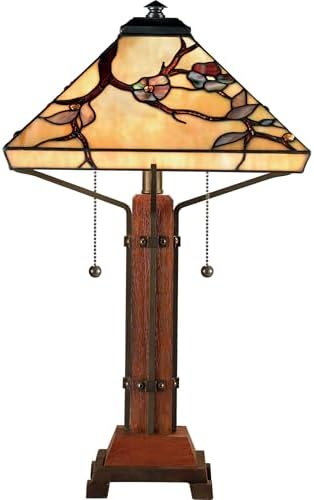 Quoizel Grove Park 2-Light Table Lamp with Handcrafted Tiffany Art Glass and Wood Base, Mission Style Portable Lamp for Bedroom, Living Room, Home Office, or Kitchen