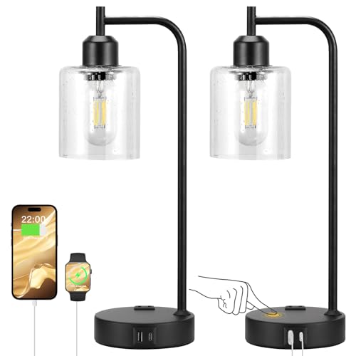 Industrial Touch Table Lamps for Bedrooms Set of 2 - 3-Way Dimmable Lamps with USB C+A Ports and Outlet, Black Bedside Lamps with Seeded Clear Glass Shade for Living Room, Desk Lamps for Home Office by Innqoo - Used condition - Image 7