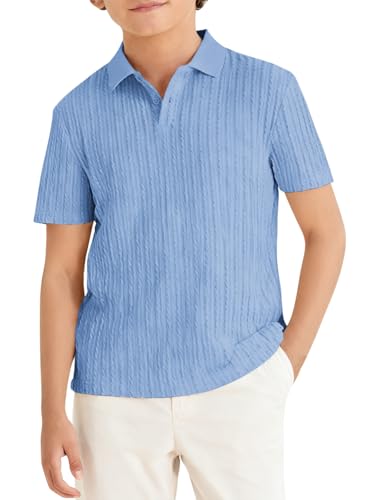 Haloumoning Boys Knit Short Sleeve Polo Shirt Kids Summer Casual Shirts School Uniform Golf Tops Tees 5-14Y Sky Blue