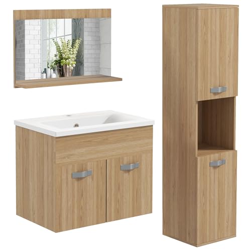 kleankin Set di mobili da bagno, 3 pezzi, armadio a specchio + mobile sotto lavabo sospeso con lavabo in ceramica + mobile a colonna con ripiani regolabili naturale