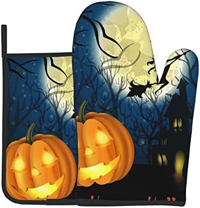 Pumpkin Halloween Print Oven Mitts Pot Holders Sets Heat Resistant Non Slip Kitchen Gloves Hot Pads for Cooking BBQ Baking Grilling