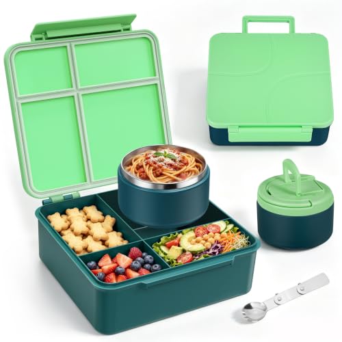 Image of MAXSO Bento Lunch Box Set for Kids with 8 oz Soup Thermo, Leakproof Hot Food Container with 4 Compartments, Insulated Food Jar for Toddler Daycare Boys Girls School - Green