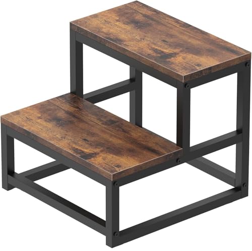 2 Step Stool for Adults Kids, Heavy Duty Sturdy Steel Frame with Wooden Steps, Bedside Foot Stool with 500lbs Load Capacity, Non-Slip Step Stool for High Bed, Kitchen, RV Step - Rustic Brown