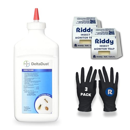 Delta Dust Waterproof Insect Treatment, 2-Pack Riddy Insect Monitor Boards and 3-Pack Riddy Nitrile Gloves for Safe, Easy Application, Long-Lasting Protection
