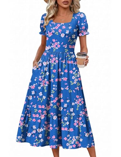 Zeagoo Womens Sun Dresses Summer Midi Dress Women Floral Boho Sundresses with Pockets Loose Hawaiian Dresses Square Neck Tiered Dress L