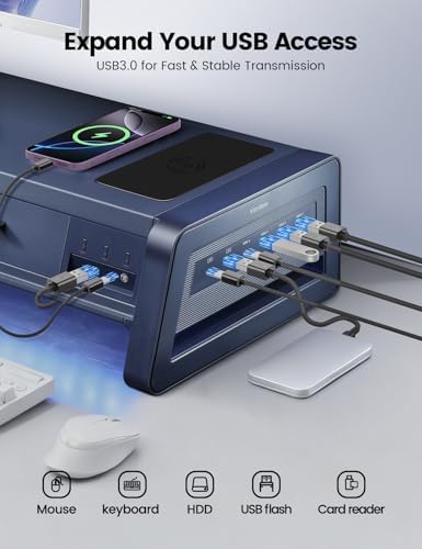 Vaydeer All-in-One Dual Monitor Stand Riser with 2 Drawers, 8 USB Ports (4 Fast Charging, 4 for Data Transfer), Wireless Charging Pad and LED Light Strip, Desk Organizer for PC/iMac (Metal, 39.3 inches) - 2