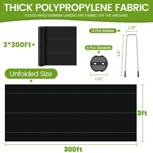 WEEDING 3ft x300ft Weed Barrier Landscape Fabric, 3.2oz Woven Heavy Duty Garden Ground Cover for Weeds Control (Bonus 4 U-Shaped Securing Pegs & Mat), Black