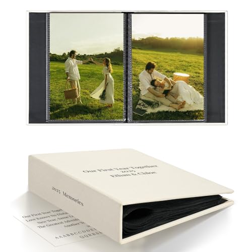 Vienrose 4x6 Couples Photo Album, Small Slip-In Photo Album with 52 Pockets, Fabric Cover Photo Book, Acid-Free Inner Pages, DIY Custom Cover with Couple-themed Crystal Stickers,Beige