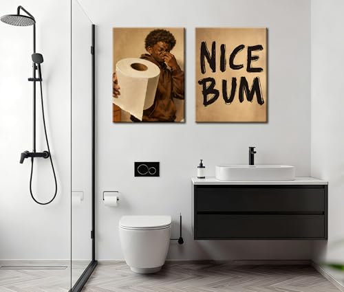 Image of Frimeeme Funny Bathroom Canvas Wall Art Set of 2, 12x16, Framed | African American Decor Print, Black Man Wall Art, Ready to Hang