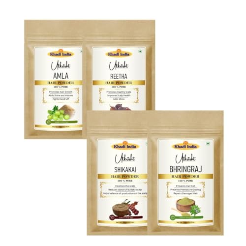 Image of Khadi Utkrisht Amla Bhringraj Shikakai Reetha Hair Pack Powder | Herbal Ayurvedic Treatment for Hair Growth, Hair Fall Control, Scalp Cleansing and Hair Strengthening | Natural Mask for Dry, Damaged and Dull Hair | Suitable for Men & Women - Pack of 4
