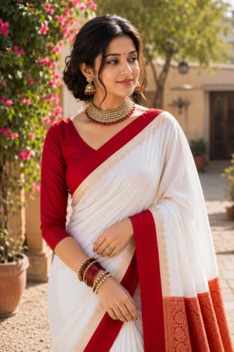 Image of Women's Glory Banarasi Satin Silk Saree Plain Silver Zari | Unstiched Blouse Piece Included.