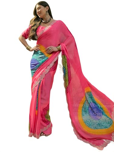 Image of SIRIL Women's Chiffon Scalloped Border Sequins Embroidery Saree with Unstitched Blouse Piece