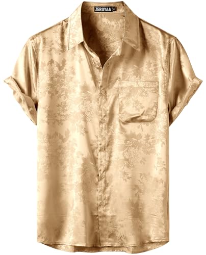 ZEROYAA Mens Shiny Luxury Silk Satin Floral Jacquard Short Sleeve Regular Fit Button Down Shirt for Party Prom ZZCL78-Champagne Gold Large