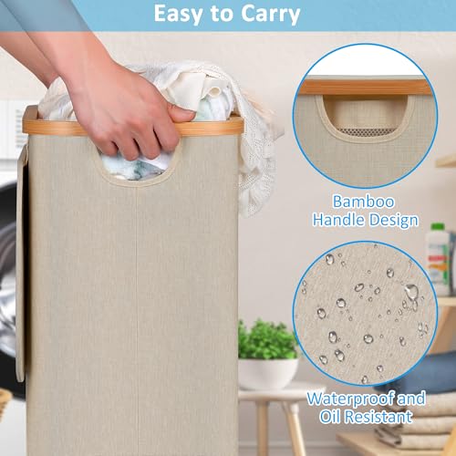 Image of efluky Slim Laundry Hamper with Wheels, Narrow Laundry Basket with Lid and Removable Bag, Aesthetic Dirty Clothes Hamper on Wheels for Laundry Room, Bedroom, Dorm and Bathroom, 75L Beige