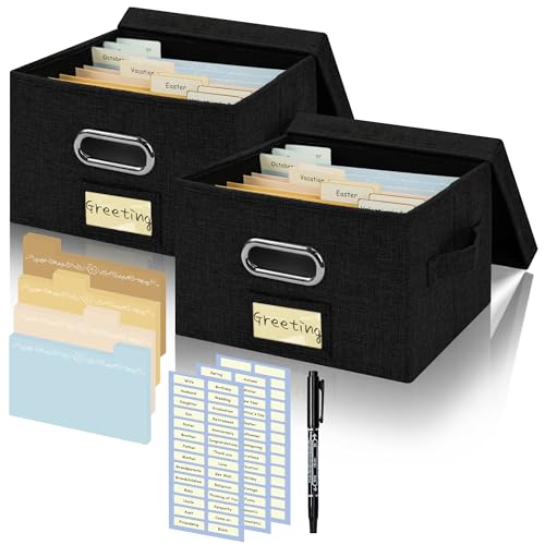 Greeting Card Organizer and Storage Box with 20 Pcs Adjustable Dividers, Storing Cards with 84 Pcs Labels Perfect for Storing Greeting Cards, Envelopes, Photos 2 Pack Black