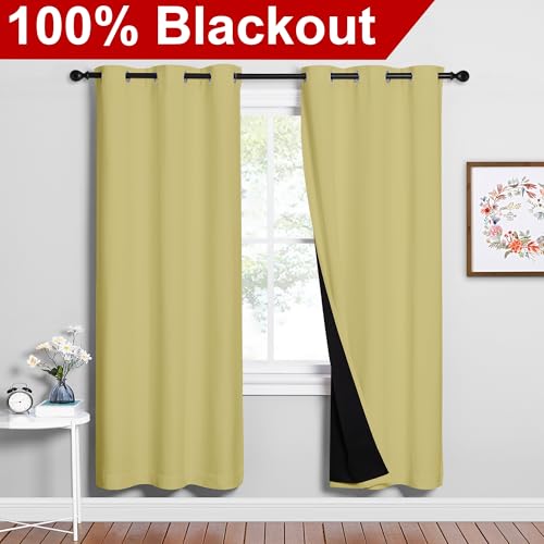 Image of NICETOWN Paler Yellow Full Shade Curtain Panels, Pair of Energy Smart & Noise Blocking Out Blackout Drapes for Dining Room Window, Thermal Insulated Guest Room Lined Window Dressing(42 x 72 inch)