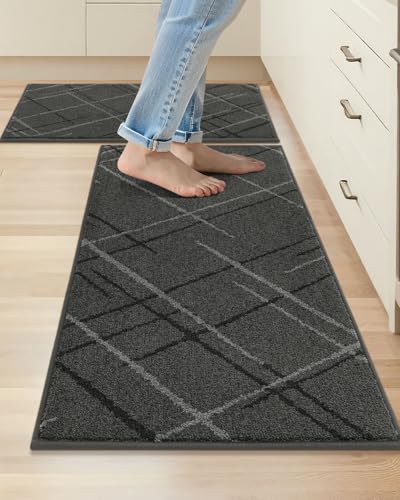 COSY HOMEER Kitchen Mats, 2 PCS Kitchen Rug Non Slip Washable, Absorbent Runner Rugs for Kitchen Floor, Polyester Kitchen Sink Rug 20"x32" + 20"x48"(Grey)